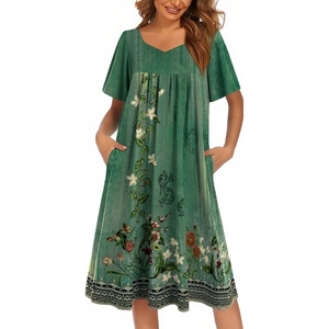 Ekouaer Womens Nightgown House Dress with Pockets Short Sleeve Moo Moos(Green Ethnic Flower)