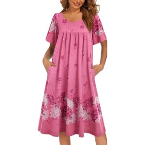 Ekouaer Womens Nightgown House Dress with Pockets Short Sleeve Moo Moos(Pink Flowers)