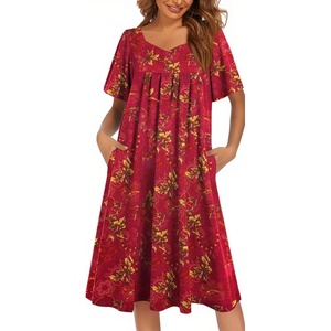 Ekouaer Womens Nightgown House Dress with Pockets Short Sleeve Moo Moos(Red Ethnic Style)