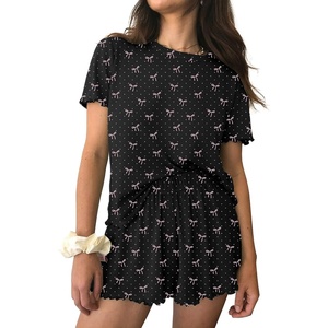 Ekouaer Womens Pajamas 2 Piece Ribbed Knit Pjs Short Sleeve Lounge Sets(Black Bow Tie)