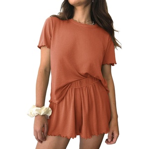 Ekouaer Womens Pajamas 2 Piece Ribbed Knit Pjs Short Sleeve Lounge Sets(Brick Red)