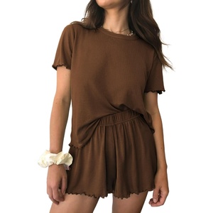 Ekouaer Womens Pajamas 2 Piece Ribbed Knit Pjs Short Sleeve Lounge Sets(Brown)