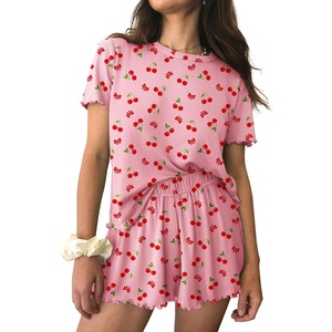 Ekouaer Womens Pajamas 2 Piece Ribbed Knit Pjs Short Sleeve Lounge Sets(Cherry)