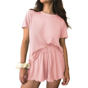 Ekouaer Womens Pajamas 2 Piece Ribbed Knit Pjs Short Sleeve Lounge Sets(Light Pink)