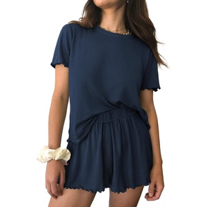 Ekouaer Womens Pajamas 2 Piece Ribbed Knit Pjs Short Sleeve Lounge Sets(Navy Blue)
