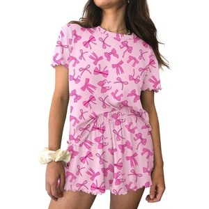 Ekouaer Womens Pajamas 2 Piece Ribbed Knit Pjs Short Sleeve Lounge Sets(Pink Bow Tie)