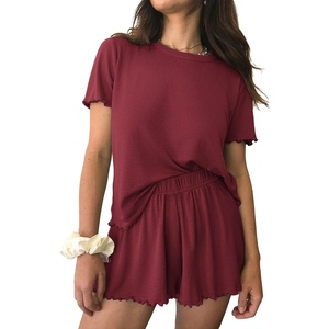 Ekouaer Womens Pajamas 2 Piece Ribbed Knit Pjs Short Sleeve Lounge Sets(Wine Red)