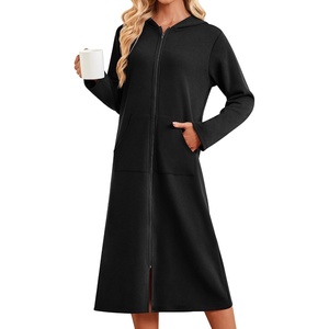 Ekouaer Zipper Robe for Women Long Bath Robe Soft Housecoat Hooded Bathrobe(Black)