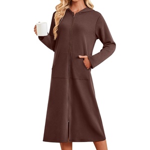 Ekouaer Zipper Robe for Women Long Bath Robe Soft Housecoat Hooded Bathrobe(Brown)