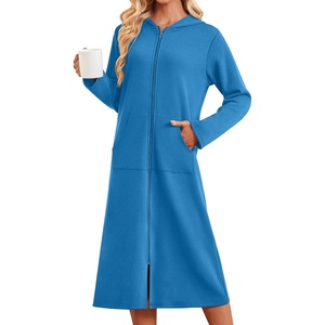 Ekouaer Zipper Robe for Women Long Bath Robe Soft Housecoat Hooded Bathrobe(Dark Blue)