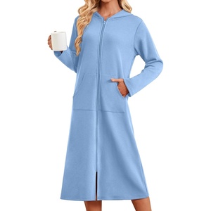 Ekouaer Zipper Robe for Women Long Bath Robe Soft Housecoat Hooded Bathrobe(Light Blue)