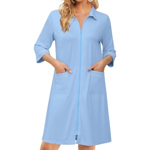Ekouaer Zipper Robes for Women 3/4 Sleeve Housecoats with Pockets(Light Blue)