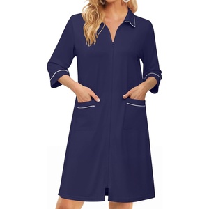 Ekouaer Zipper Robes for Women 3/4 Sleeve Housecoats with Pockets(Navy Blue)