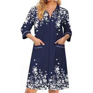 Ekouaer Zipper Robes for Women 3/4 Sleeve Housecoats with Pockets(Navy Blue Flower)
