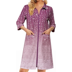 Ekouaer Zipper Robes for Women 3/4 Sleeve Housecoats with Pockets(Purple Leaves)
