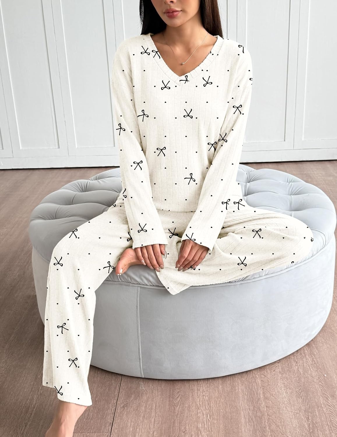 image:imageEkouaer Lounge Sets for Women Long Sleeve Knit Ribbed Pajama Sets 2 Piece Casual Loungewear with PocketsApricot Bowknot