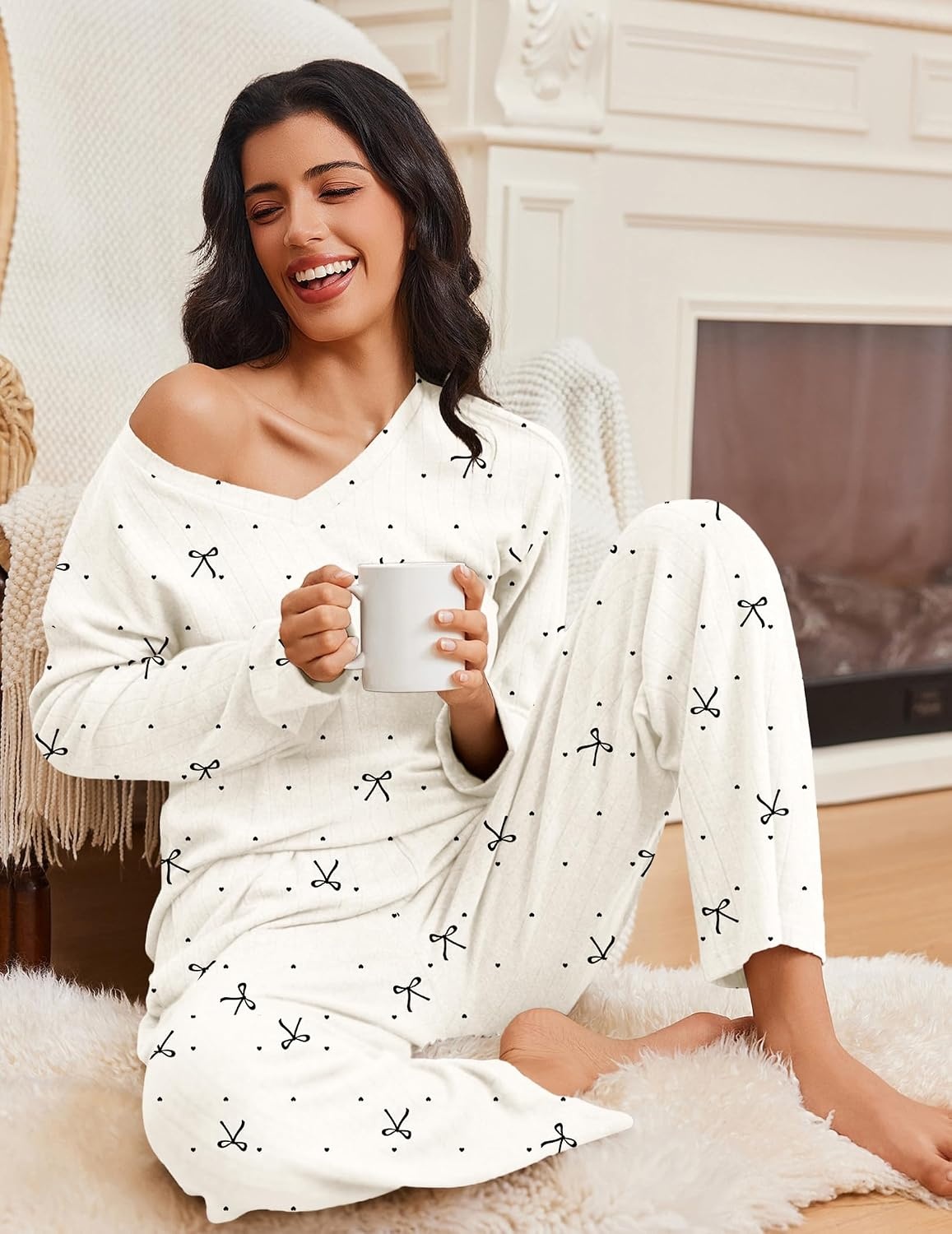 image:imageEkouaer Lounge Sets for Women Long Sleeve Knit Ribbed Pajama Sets 2 Piece Casual Loungewear with PocketsApricot Bowknot