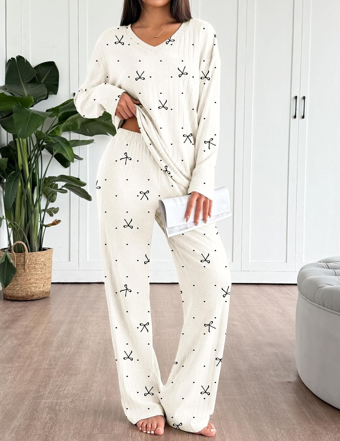 image:imageEkouaer Lounge Sets for Women Long Sleeve Knit Ribbed Pajama Sets 2 Piece Casual Loungewear with PocketsApricot Bowknot