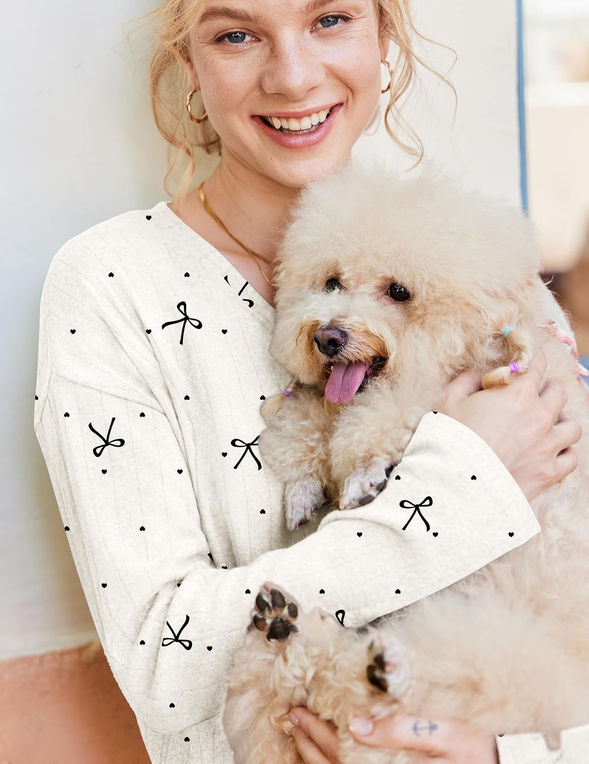 image:imageEkouaer Lounge Sets for Women Long Sleeve Knit Ribbed Pajama Sets 2 Piece Casual Loungewear with PocketsApricot Bowknot