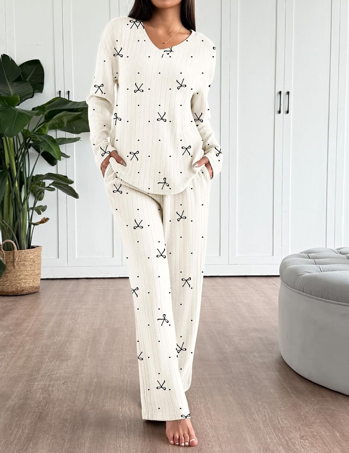 image:imageEkouaer Lounge Sets for Women Long Sleeve Knit Ribbed Pajama Sets 2 Piece Casual Loungewear with PocketsApricot Bowknot