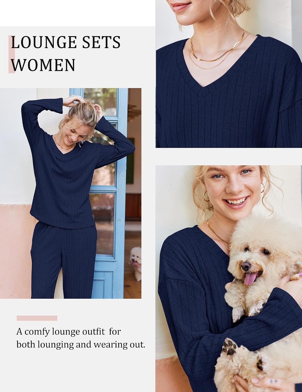image:imageEkouaer Lounge Sets for Women Long Sleeve Knit Ribbed Pajama Sets 2 Piece Casual Loungewear with PocketsNavy Blue