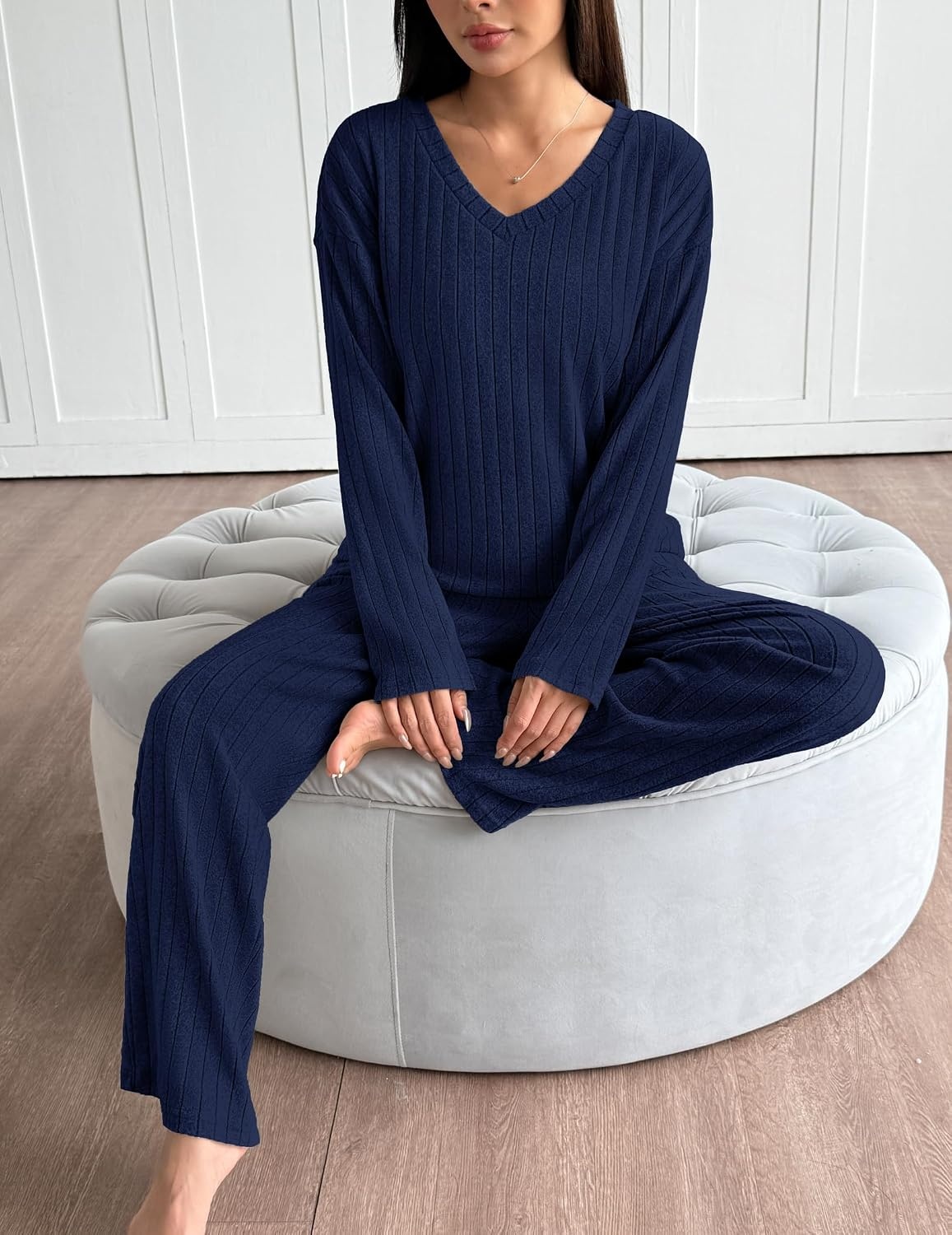 image:imageEkouaer Lounge Sets for Women Long Sleeve Knit Ribbed Pajama Sets 2 Piece Casual Loungewear with PocketsNavy Blue
