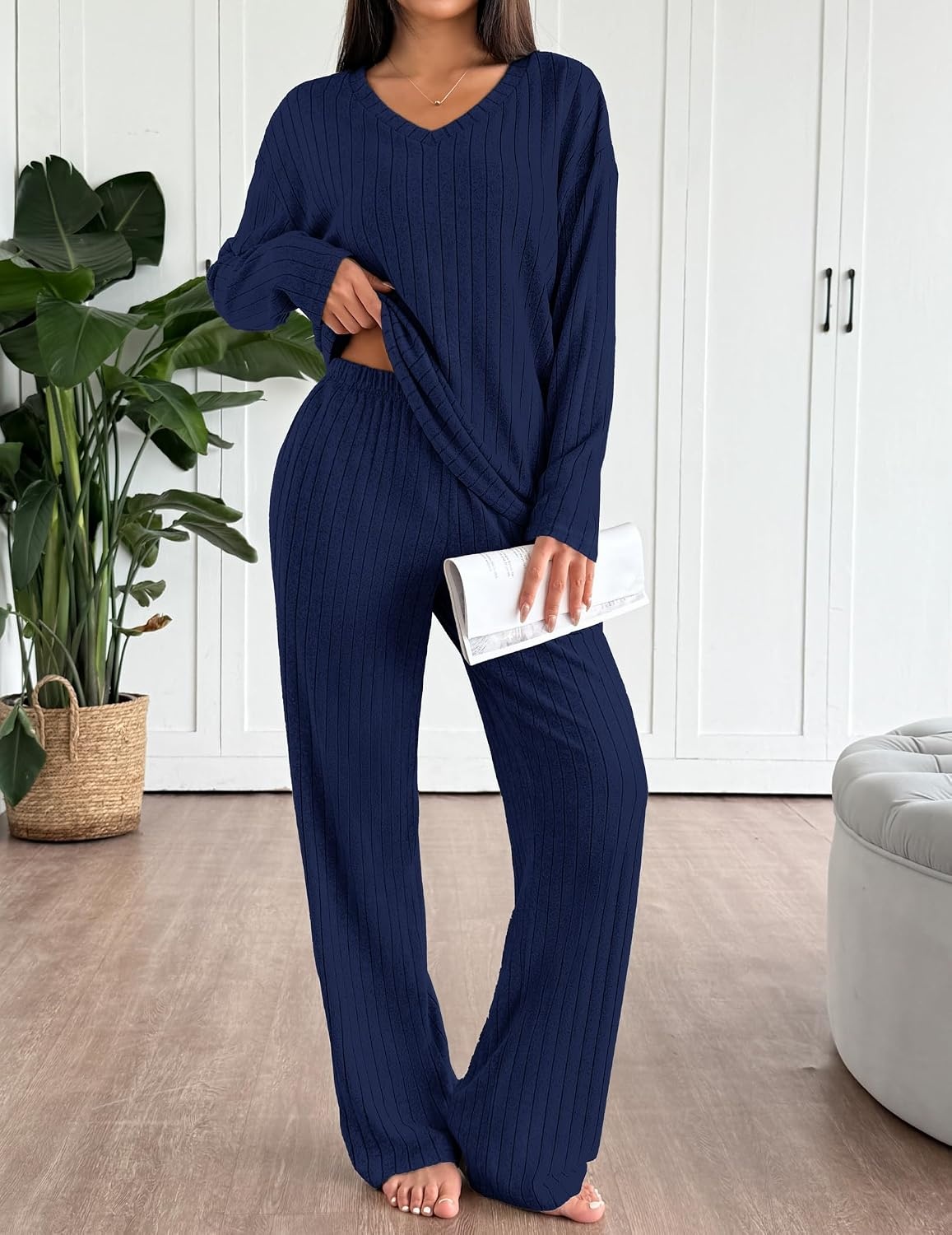 image:imageEkouaer Lounge Sets for Women Long Sleeve Knit Ribbed Pajama Sets 2 Piece Casual Loungewear with PocketsNavy Blue