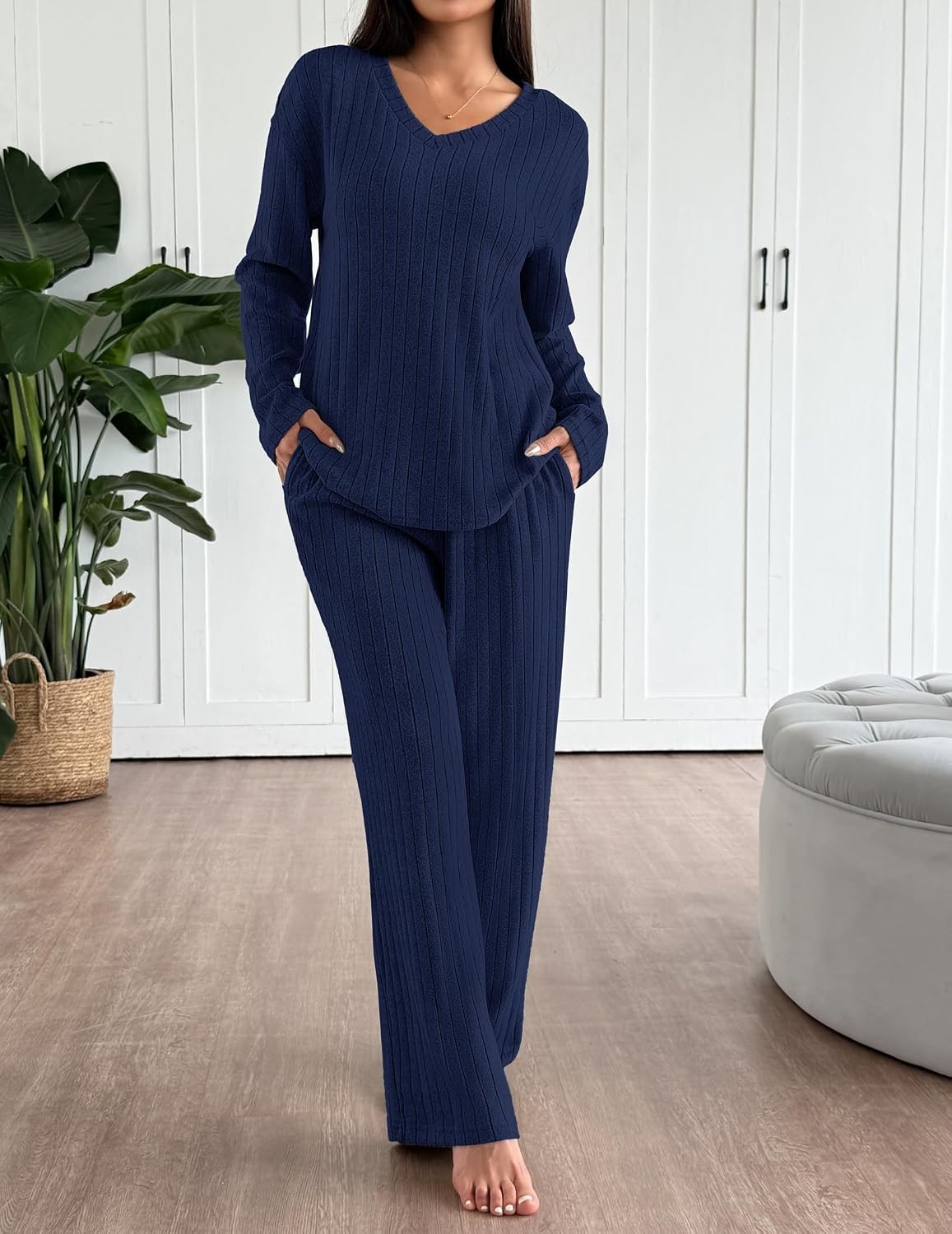 image:imageEkouaer Lounge Sets for Women Long Sleeve Knit Ribbed Pajama Sets 2 Piece Casual Loungewear with PocketsNavy Blue