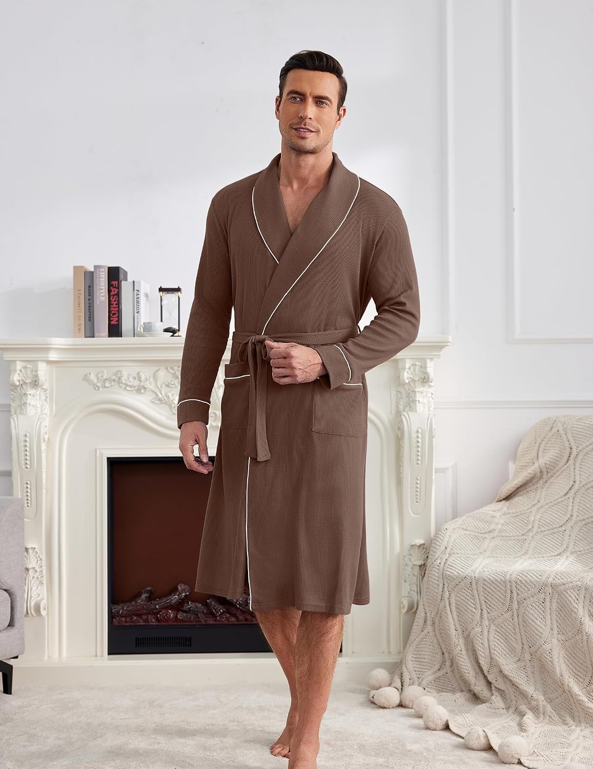 image:imageEkouaer Mens Robes Lightweight Waffle Knit Kimono Bathrobe Long Sleeve Sleepwear Soft Knee Length Robe with PocketsBrown