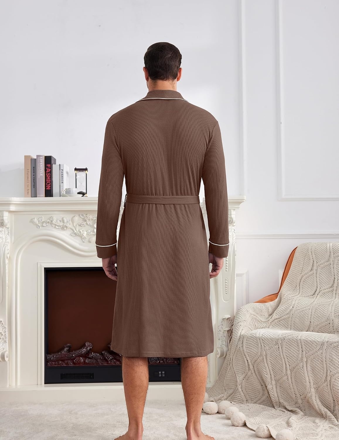 image:imageEkouaer Mens Robes Lightweight Waffle Knit Kimono Bathrobe Long Sleeve Sleepwear Soft Knee Length Robe with PocketsBrown