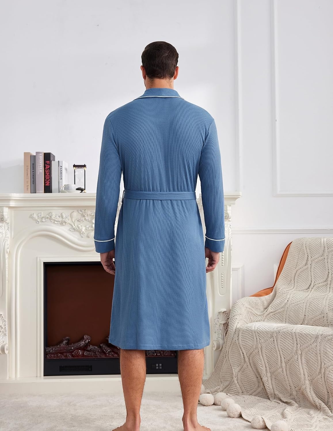 image:imageEkouaer Mens Robes Lightweight Waffle Knit Kimono Bathrobe Long Sleeve Sleepwear Soft Knee Length Robe with PocketsNavy