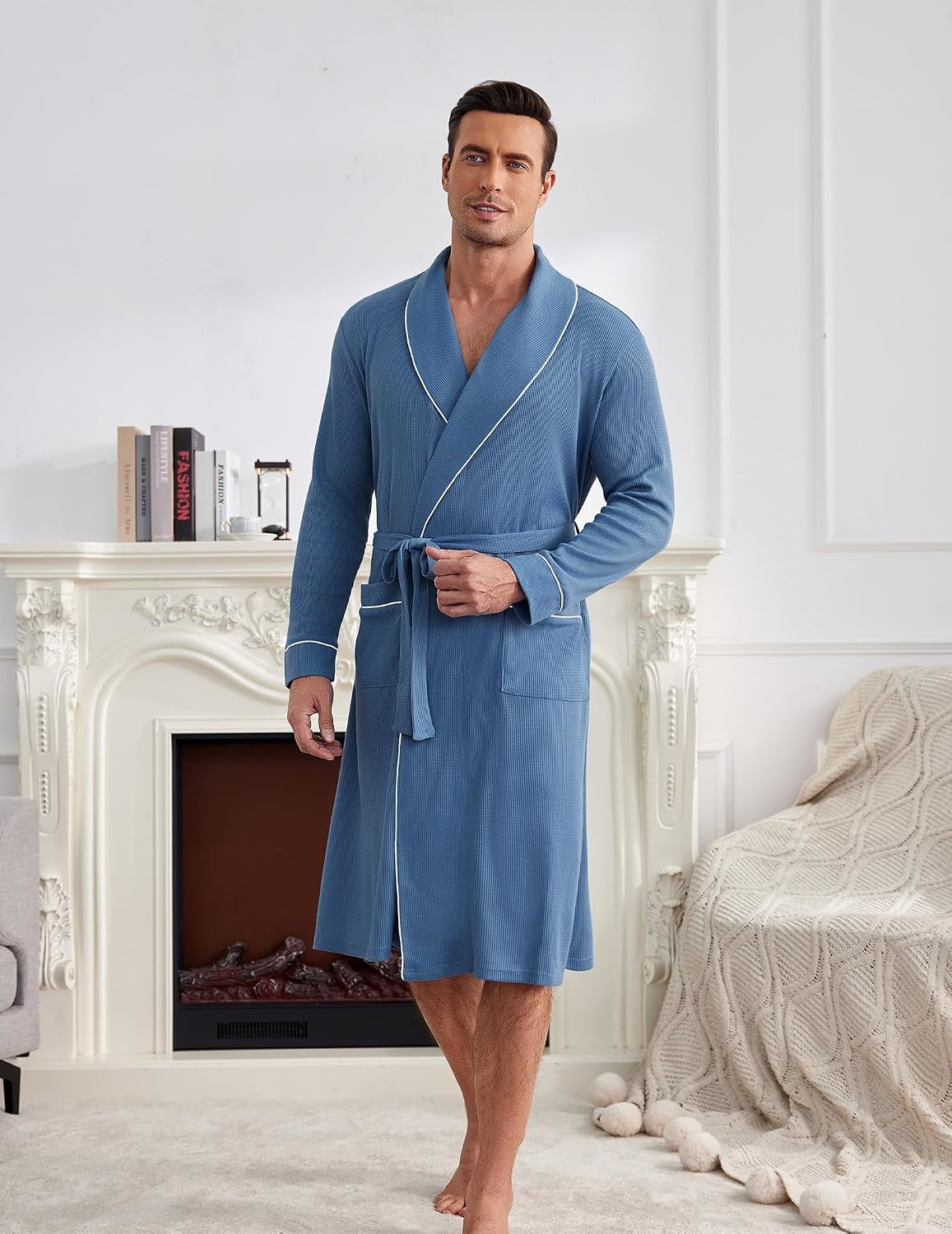 image:imageEkouaer Mens Robes Lightweight Waffle Knit Kimono Bathrobe Long Sleeve Sleepwear Soft Knee Length Robe with PocketsNavy