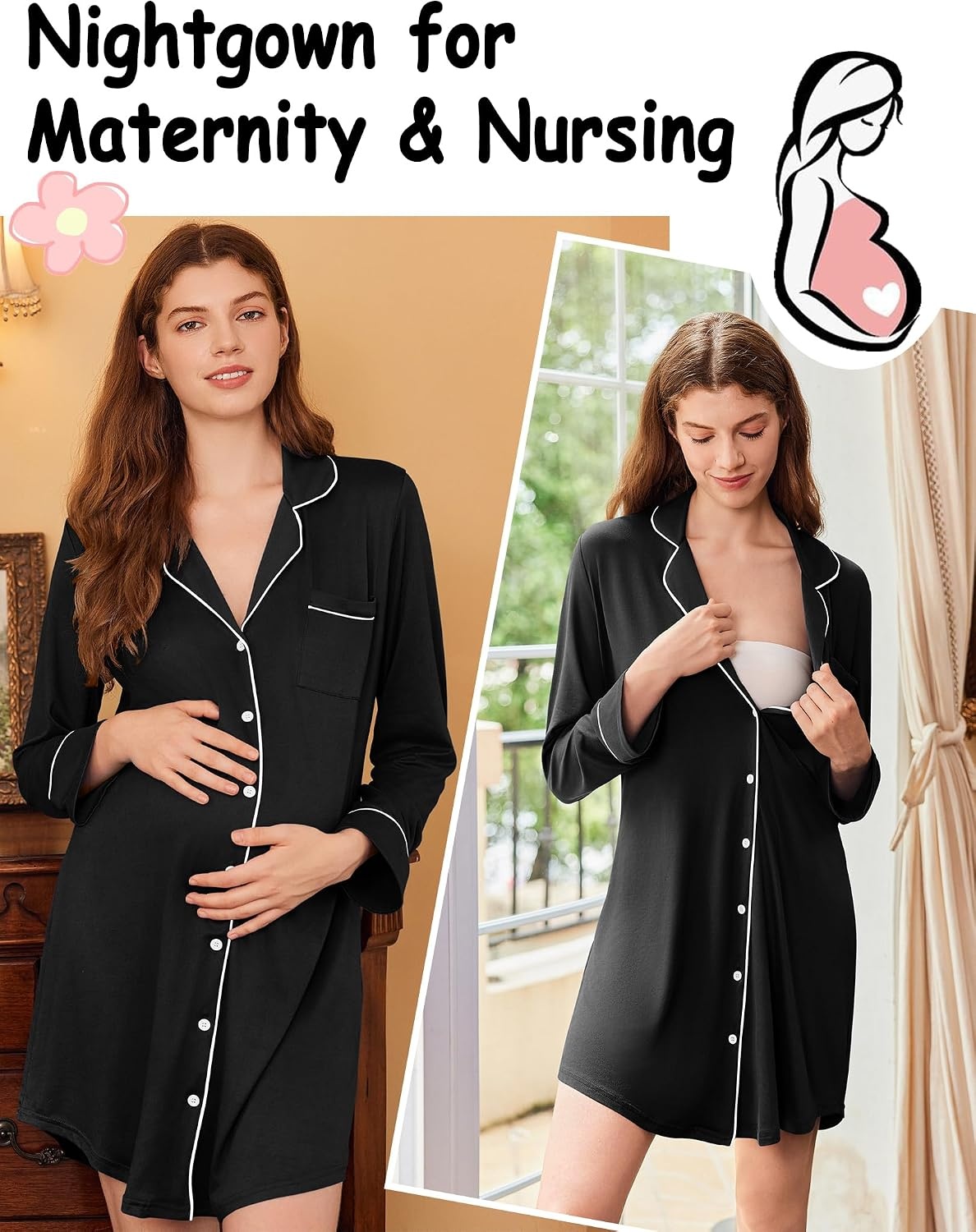 image:imageEkouaer Nightgowns for Women Long Sleeve Night Gown Button Pajama DressBlack