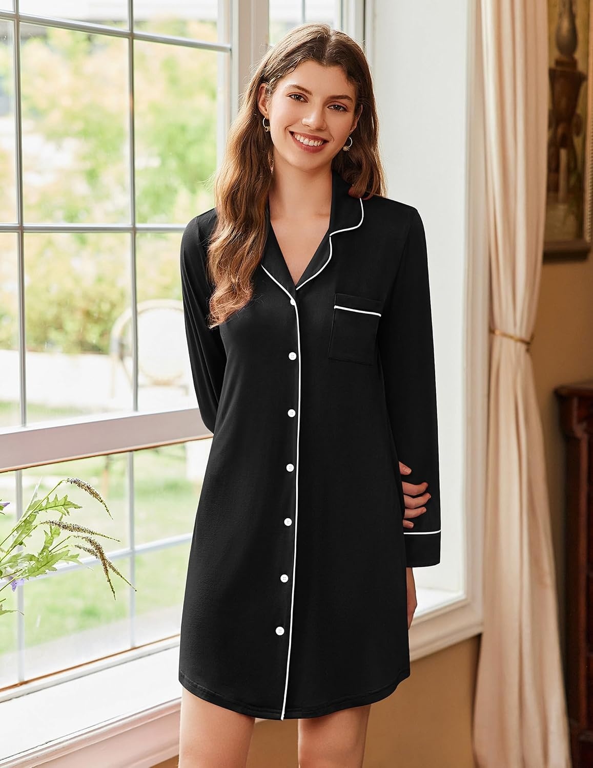 image:imageEkouaer Nightgowns for Women Long Sleeve Night Gown Button Pajama DressBlack