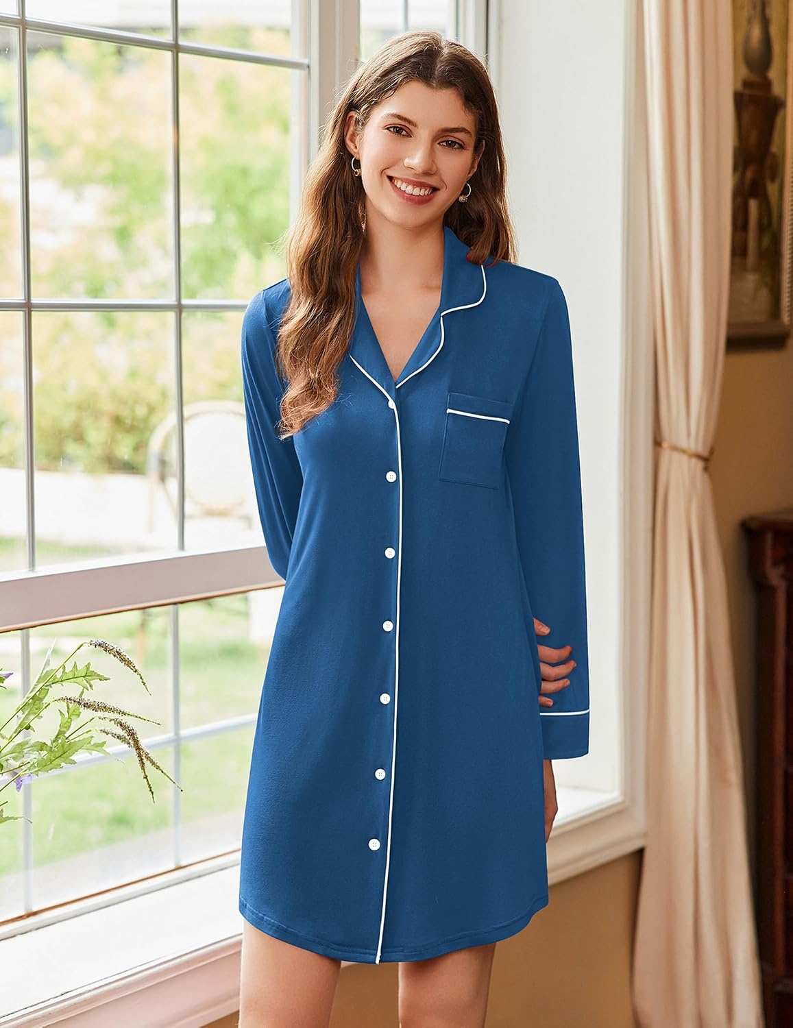 image:imageEkouaer Nightgowns for Women Long Sleeve Night Gown Button Pajama DressBlue
