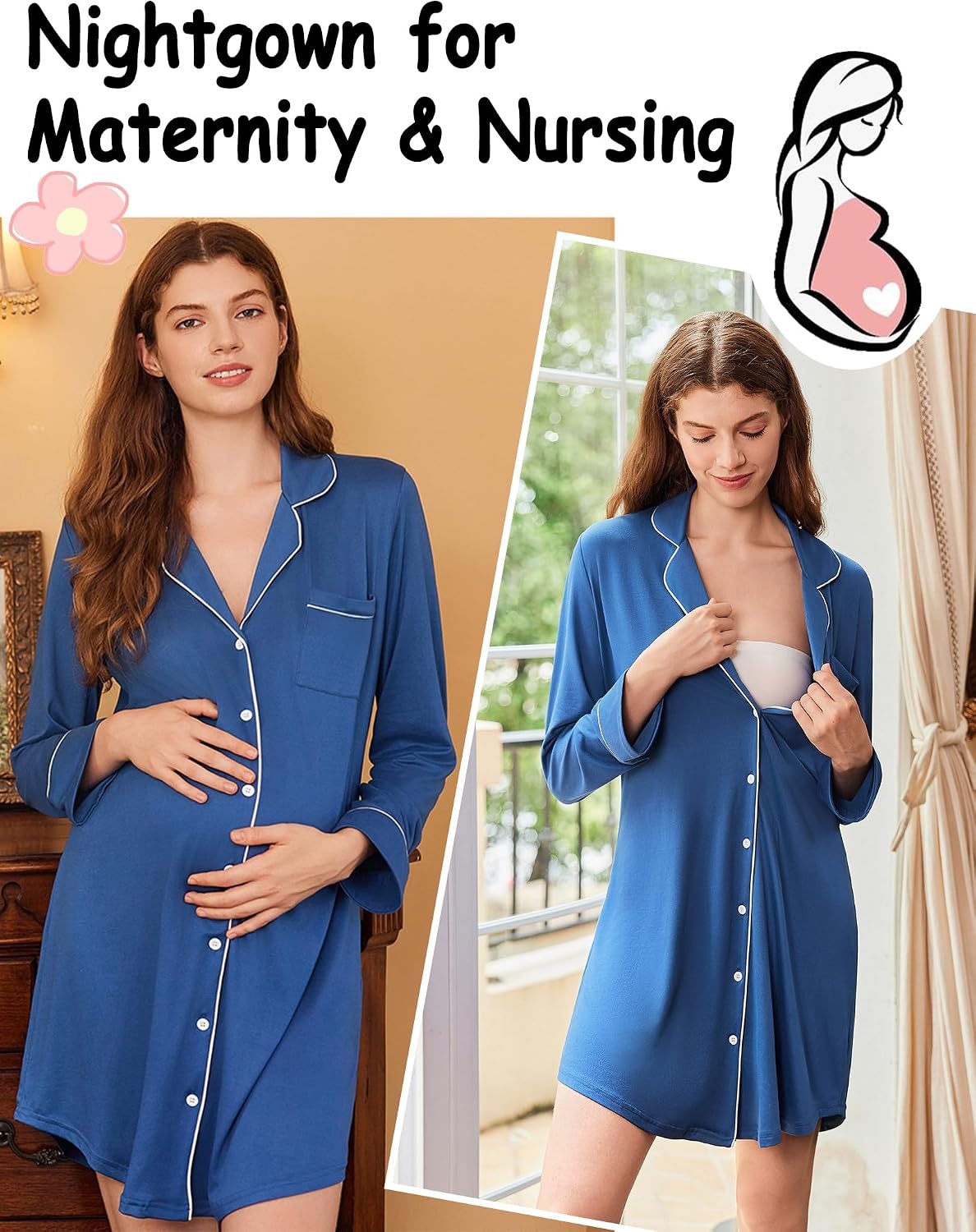 image:imageEkouaer Nightgowns for Women Long Sleeve Night Gown Button Pajama DressBlue