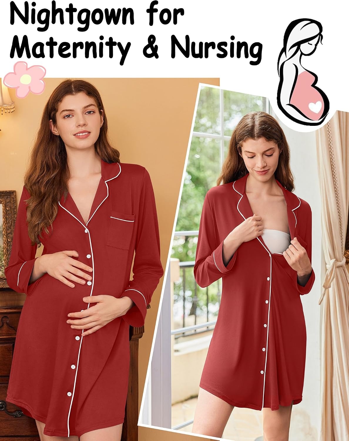 image:imageEkouaer Nightgowns for Women Long Sleeve Night Gown Button Pajama DressDark Red