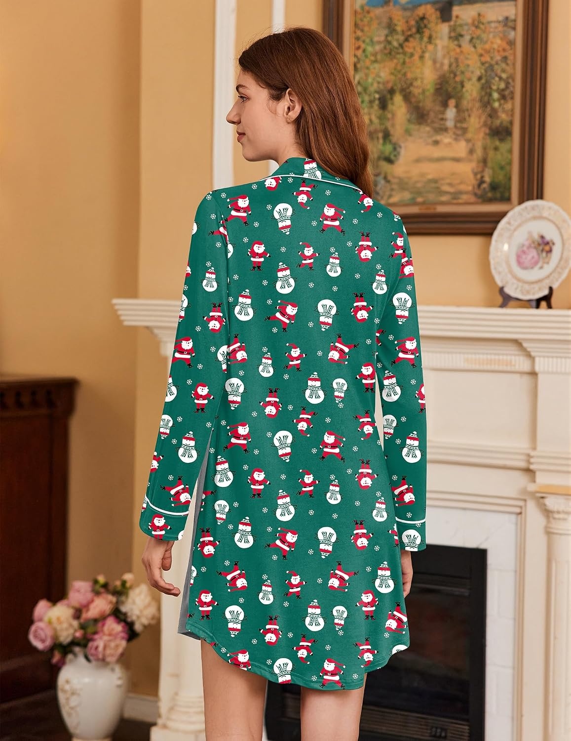 image:imageEkouaer Nightgowns for Women Long Sleeve Night Gown Button Pajama DressGreen Christmas