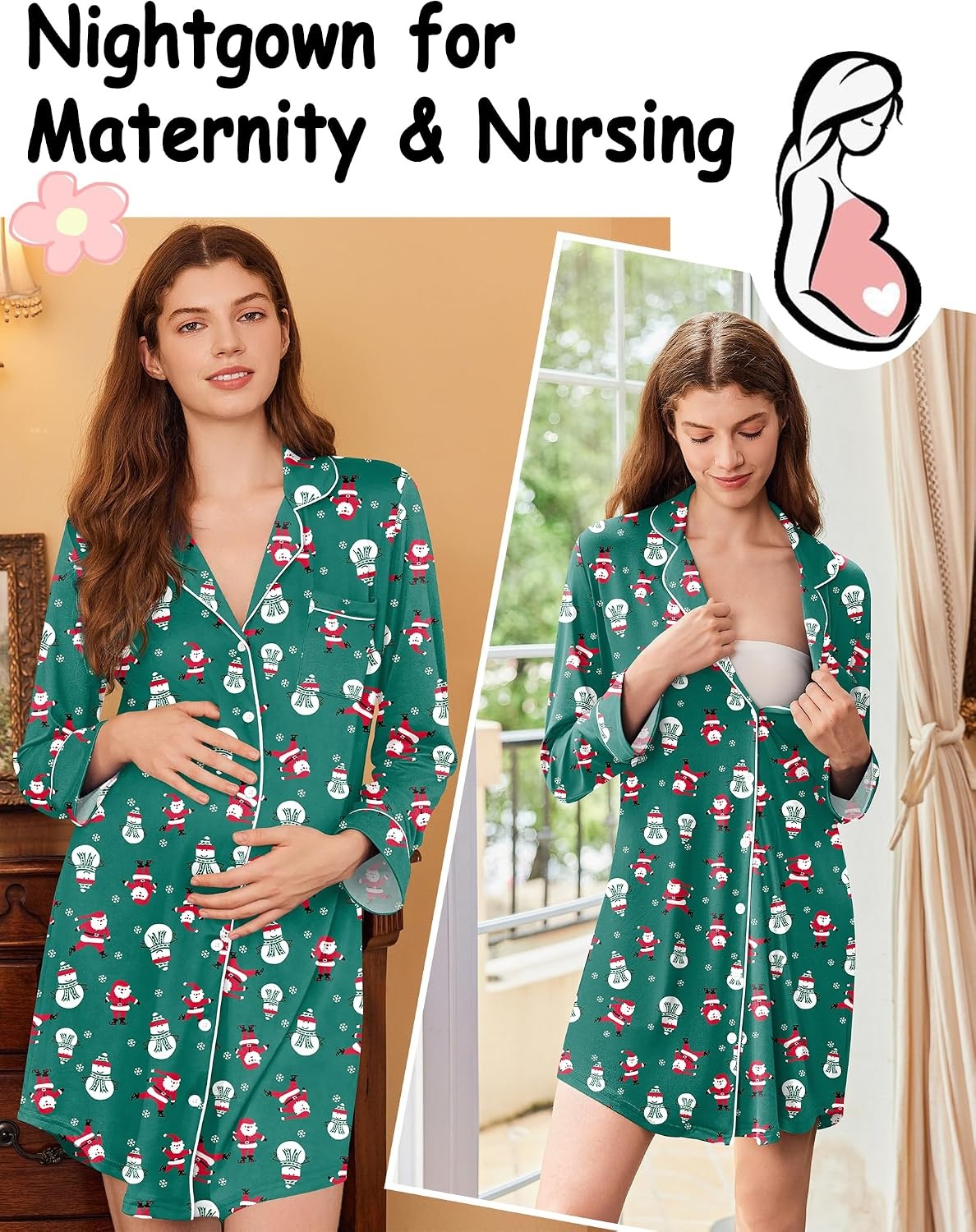 image:imageEkouaer Nightgowns for Women Long Sleeve Night Gown Button Pajama DressGreen Christmas