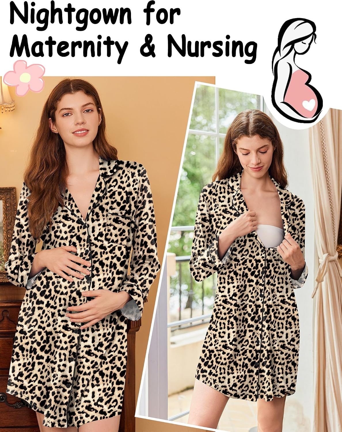 image:imageEkouaer Nightgowns for Women Long Sleeve Night Gown Button Pajama DressLeopard
