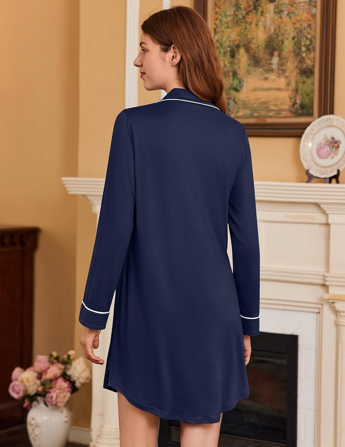 image:imageEkouaer Nightgowns for Women Long Sleeve Night Gown Button Pajama DressNavy Blue