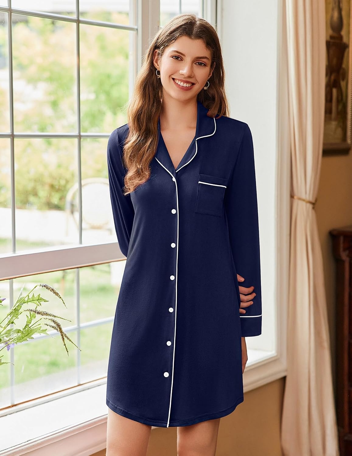 image:imageEkouaer Nightgowns for Women Long Sleeve Night Gown Button Pajama DressNavy Blue