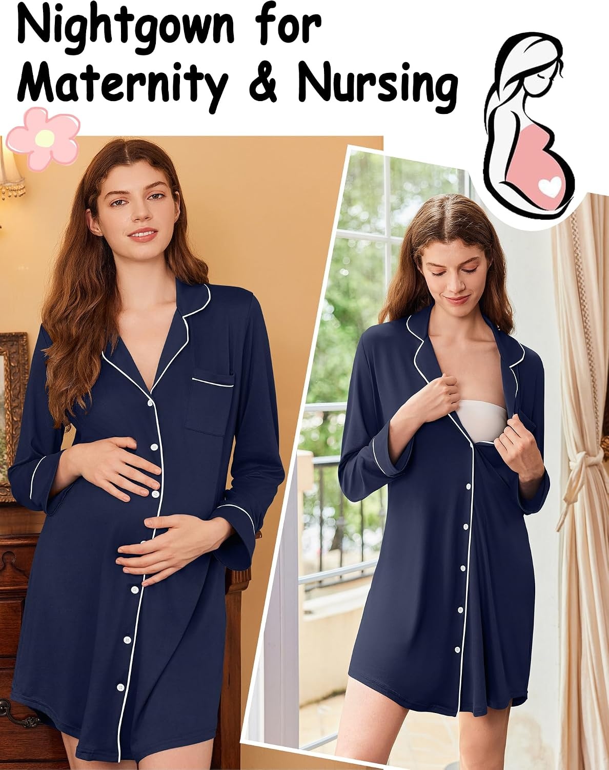 image:imageEkouaer Nightgowns for Women Long Sleeve Night Gown Button Pajama DressNavy Blue