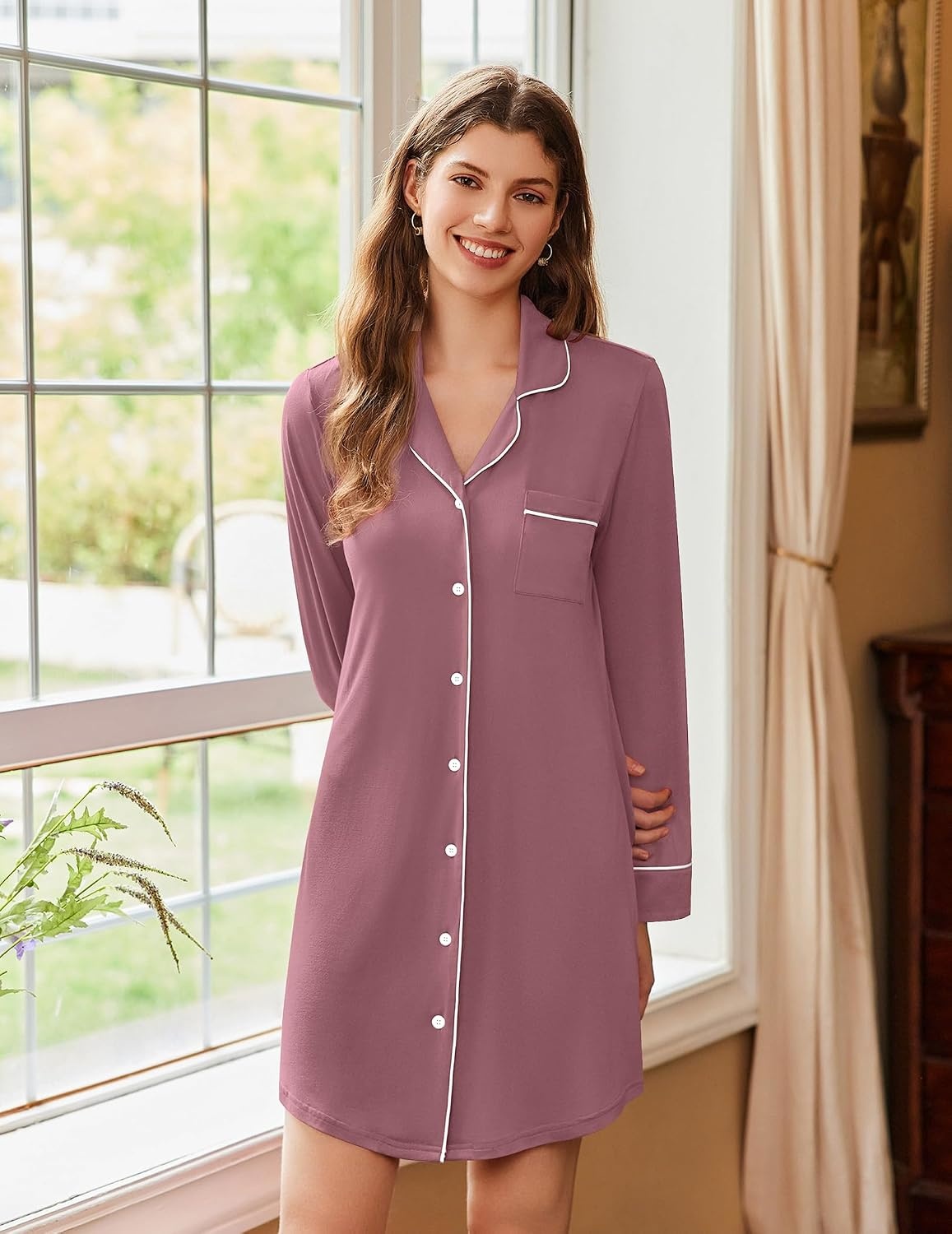image:imageEkouaer Nightgowns for Women Long Sleeve Night Gown Button Pajama DressPink