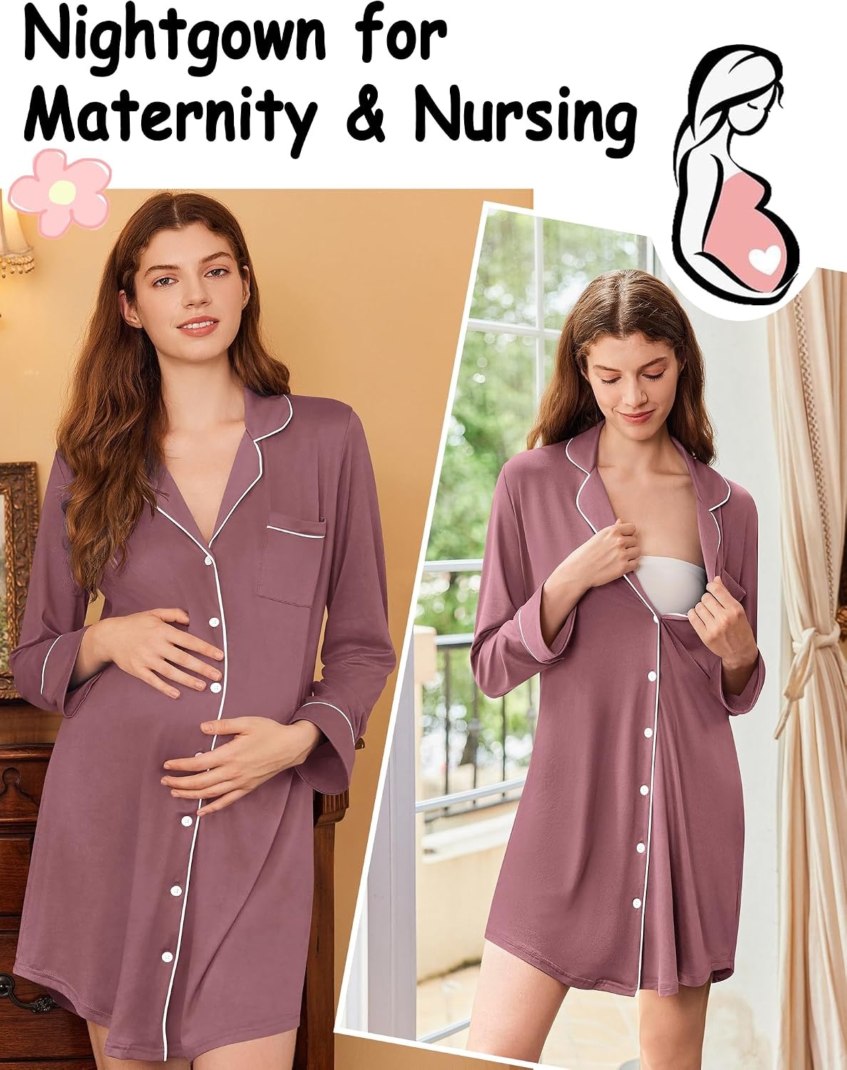 image:imageEkouaer Nightgowns for Women Long Sleeve Night Gown Button Pajama DressPink