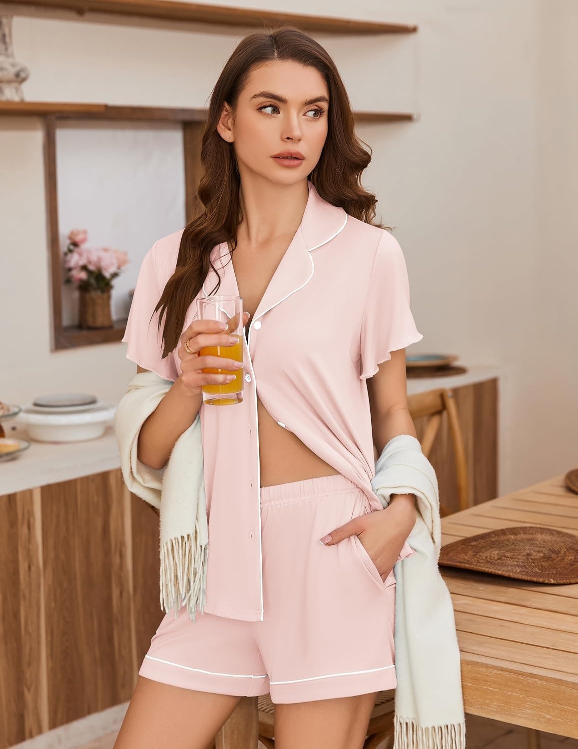 image:imageEkouaer Pajamas for Women Set Button Up Bridal Pjs Ruffle SleevePastel Pink