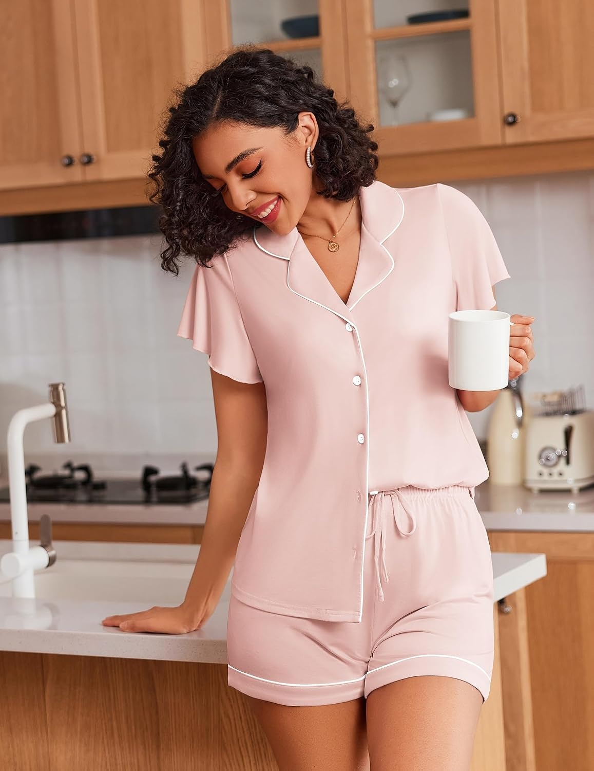 image:imageEkouaer Pajamas for Women Set Button Up Bridal Pjs Ruffle SleevePastel Pink