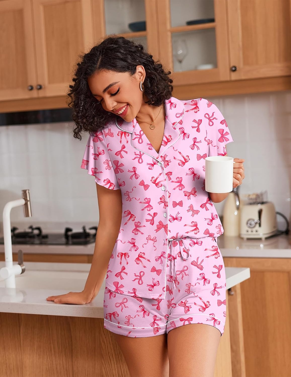 image:imageEkouaer Pajamas for Women Set Button Up Bridal Pjs Ruffle SleevePink Bow Tie