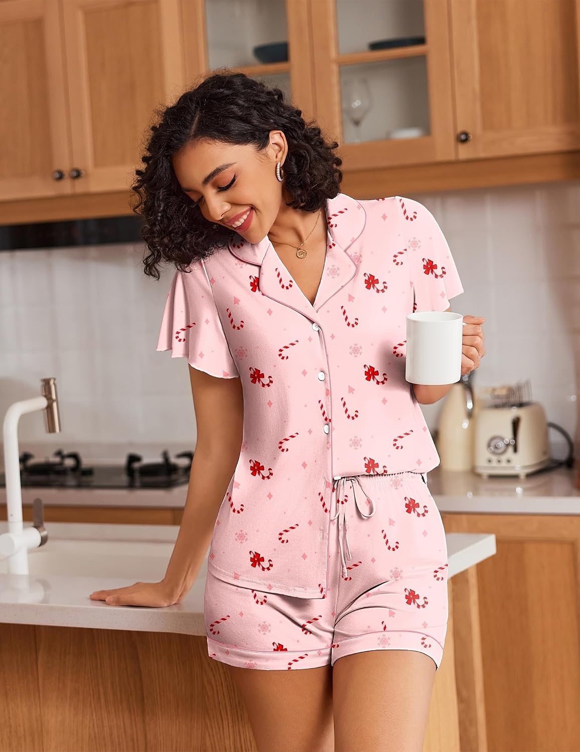 image:imageEkouaer Pajamas for Women Set Button Up Bridal Pjs Ruffle SleevePink Candy Cane