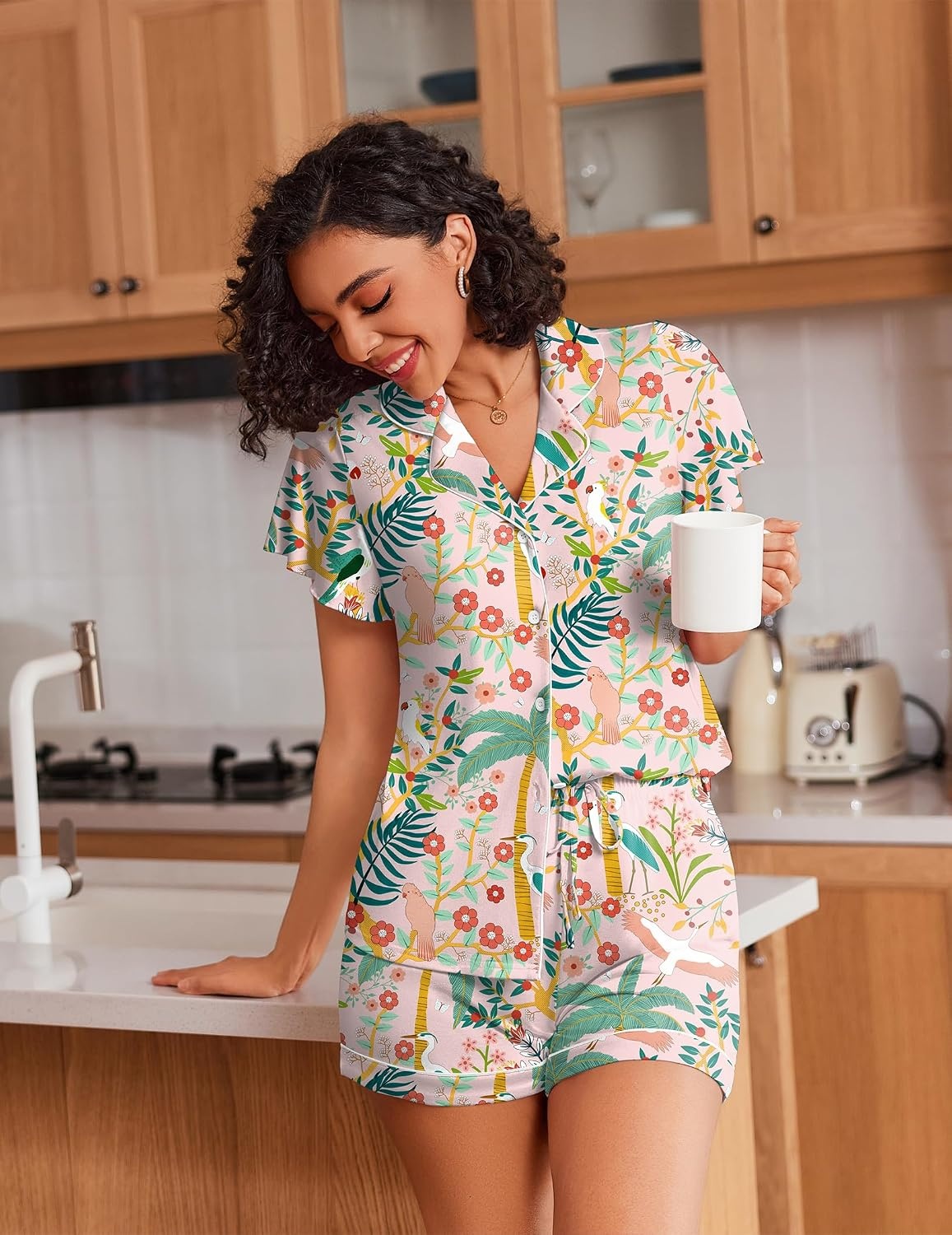 image:imageEkouaer Pajamas for Women Set Button Up Bridal Pjs Ruffle SleeveTropical Print